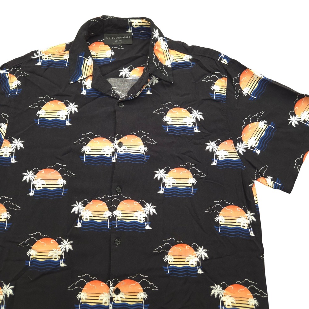 No Boundaries Hawaiian Shirt Short Sleeve Sunset‎ Print Black Mens Large
